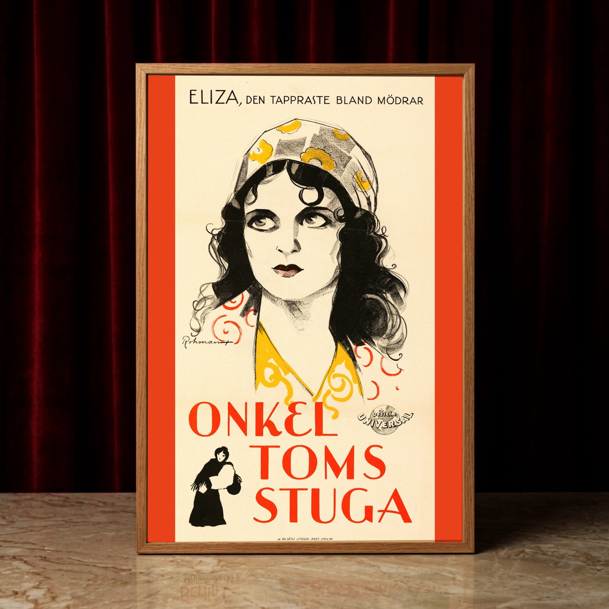 Grafisches Porträt einer Frau mit dunklen Locken auf einem historischen Filmplakat.