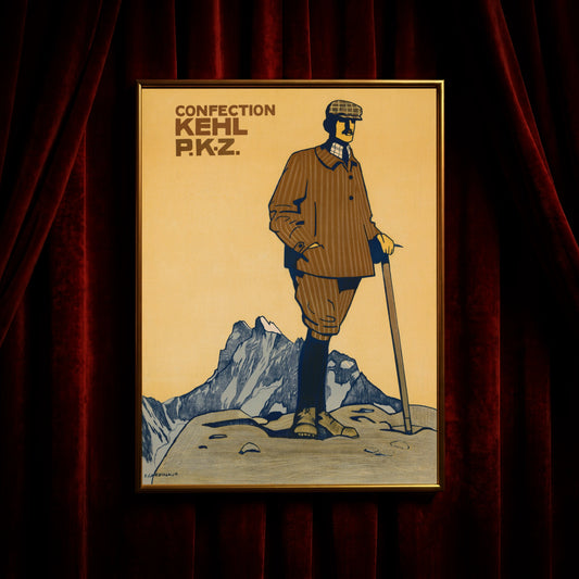 Detailansicht der historischen Typografie Confection Kehl P.K.Z. auf ockerfarbenem Hintergrund.