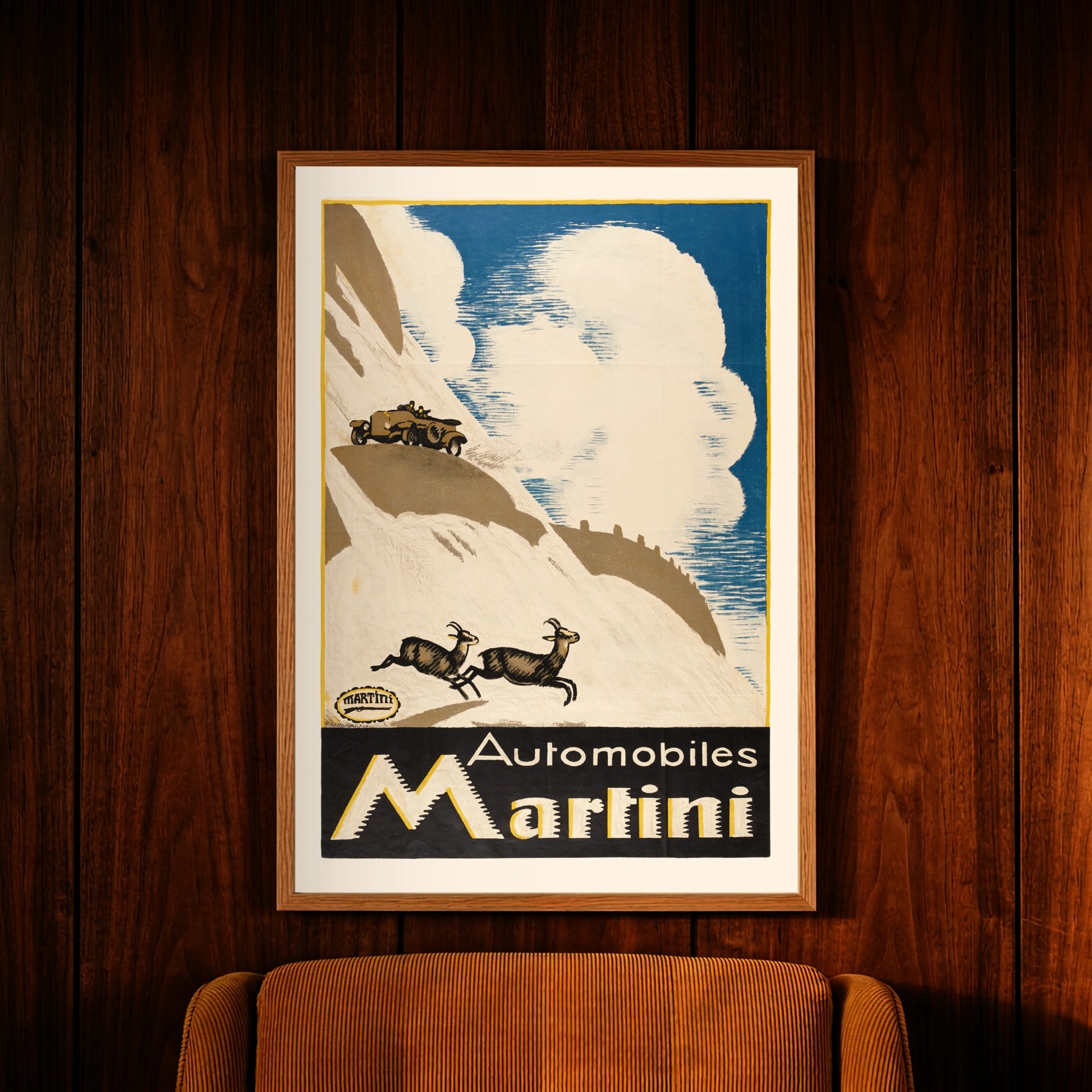 Werbeplakat für Martini Automobile mit markanter Typografie und winterlicher Berglandschaft.