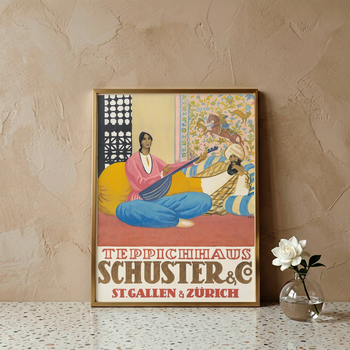 Vintage Plakat von Emil Cardinaux für Teppichhaus Schuster & Co 1924 mit orientalischer Musikszene.