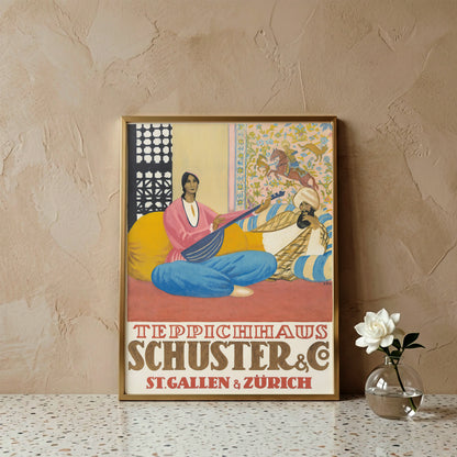 Vintage Plakat von Emil Cardinaux für Teppichhaus Schuster & Co 1924 mit orientalischer Musikszene.