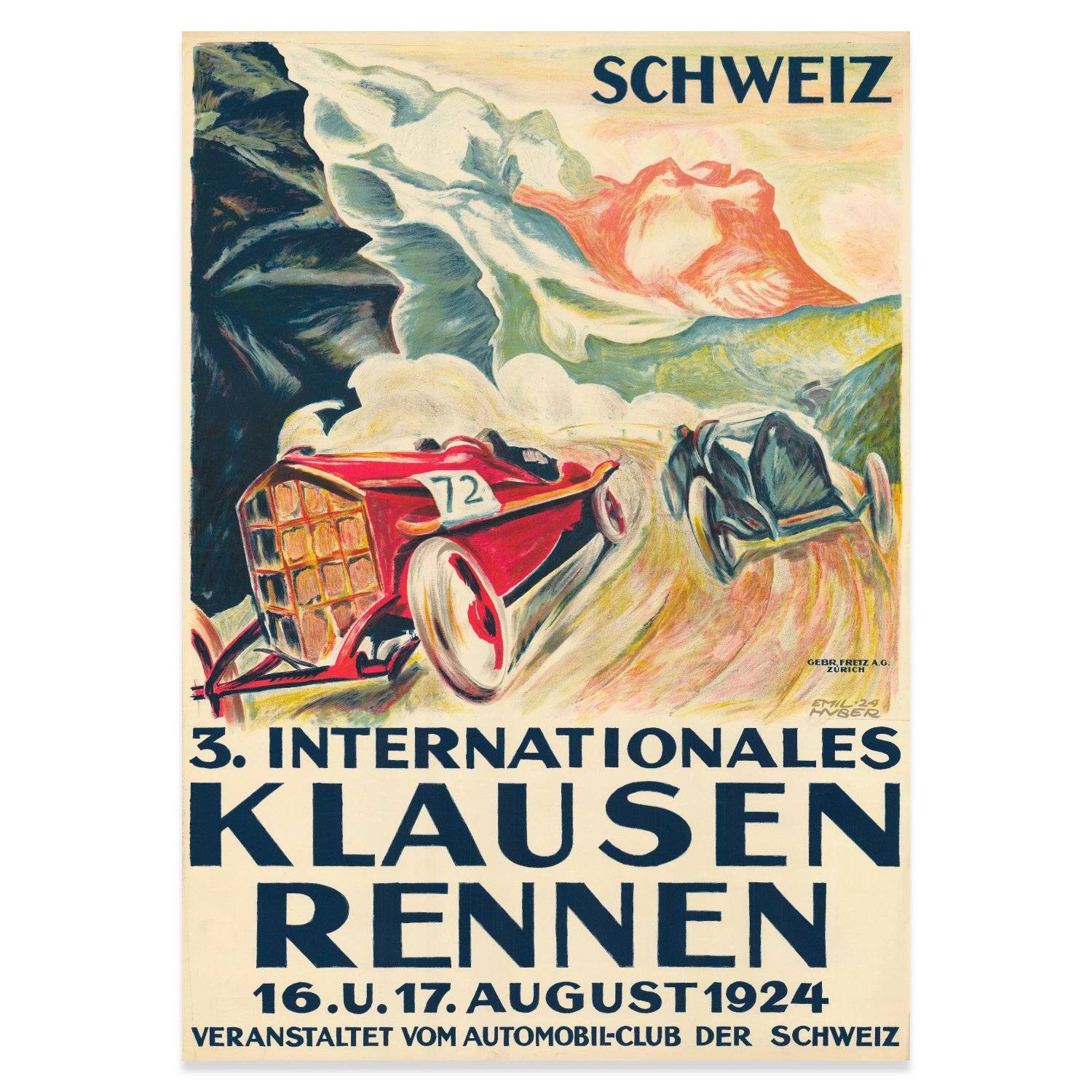 Klassische Schweizer Plakatkunst von Emil Huber für den Automobil-Club der Schweiz.