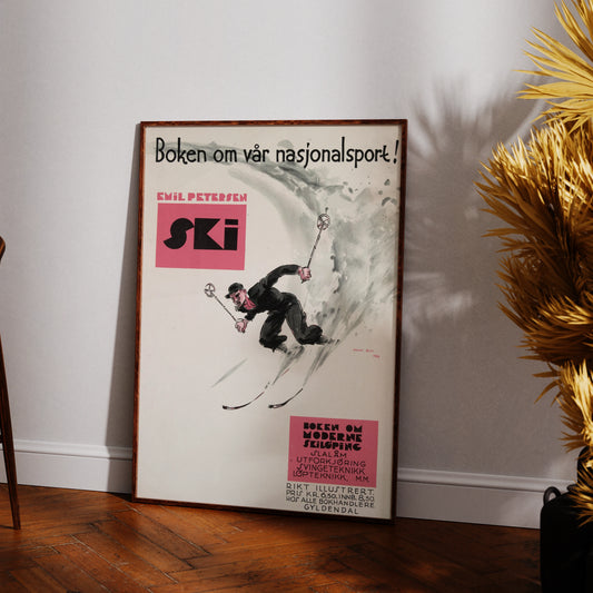 Vintage norwegisches Plakat für ein Skibuch mit rosa Akzenten.