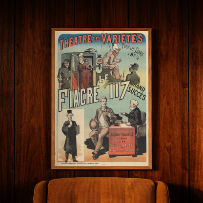 Mehrfarbiges antikes Poster mit Illustrationen einer Kutsche und Pariser Figuren der Belle Époque.