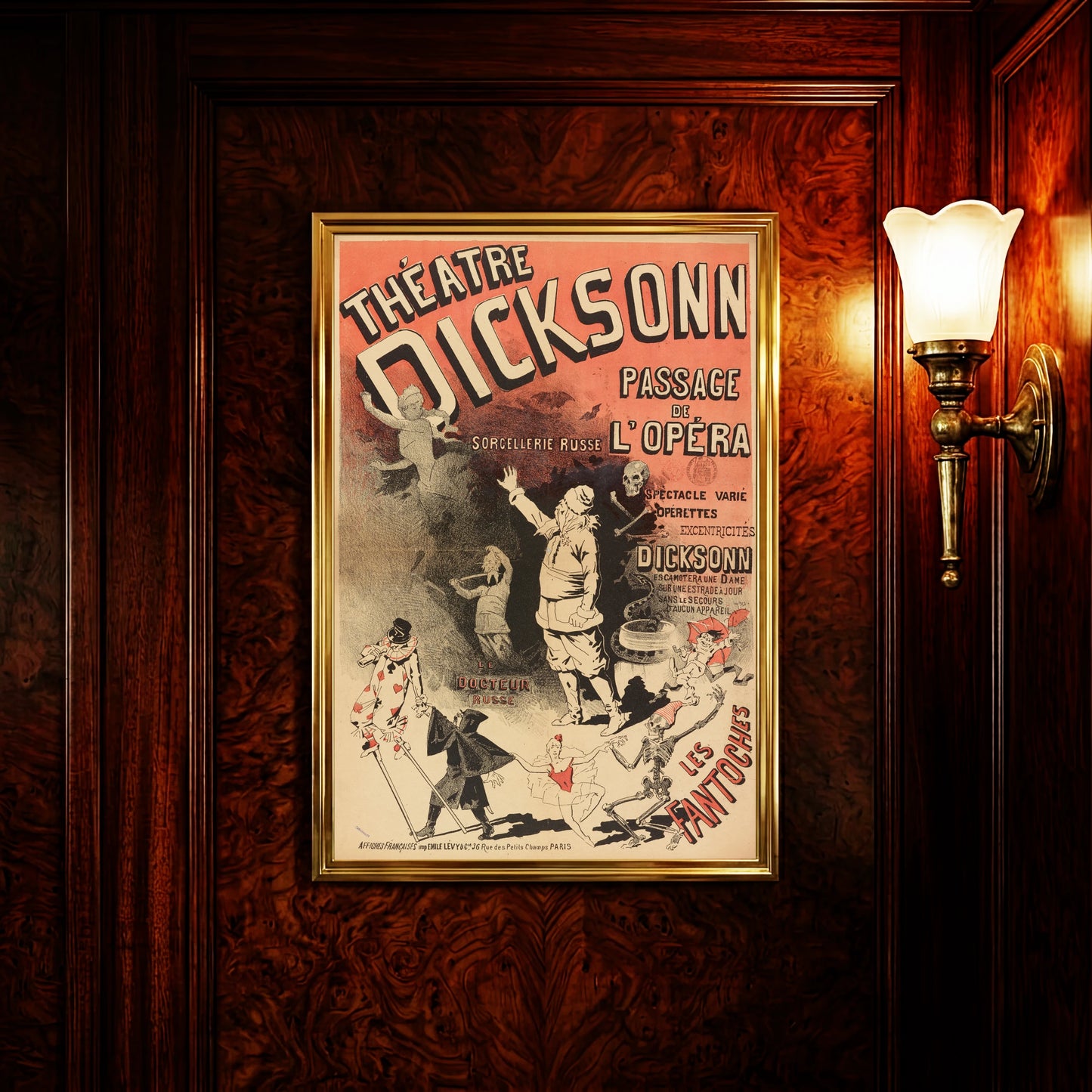 Illustration eines Magiers, Skeletten und Akrobaten auf einem Vintage-Poster von 1890.