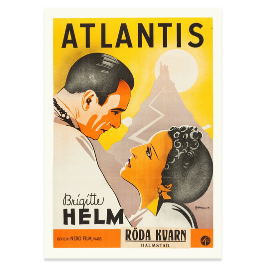 Gelb und grau dominiertes Vintage Plakat mit prominenter Typografie für den Film Atlantis.