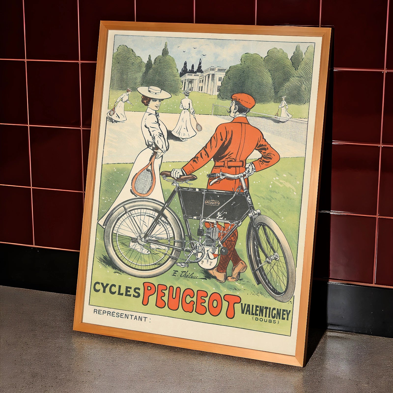 Elegantes französisches Plakat mit einer Frau und einem Mann beim Sport zur Zeit der Belle Époque.