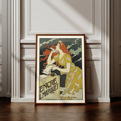 Jugendstil-Plakat von Eugène Grasset zeigt eine schreibende Frau mit roten Haaren vor dunklen Wolken.