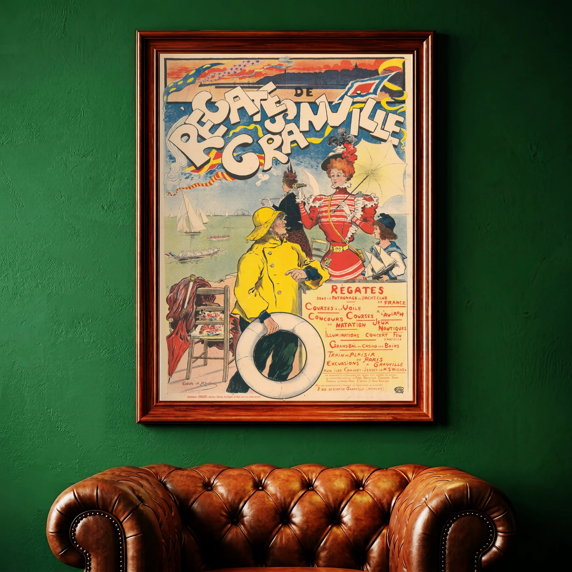 Blick auf die Bucht von Granville mit Ruderbooten und Segelschiffen im Hintergrund eines Vintage-Posters.