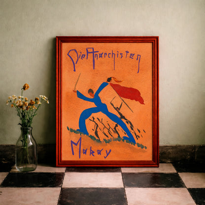 Stilisierte Schriftzüge Die Anarchisten und Makay auf einem orangefarbenen Hintergrund.