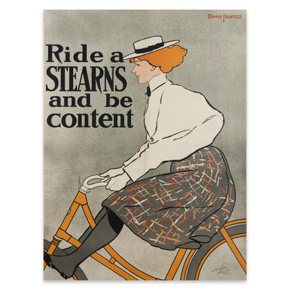 Minimalistisches Vintage-Kunstposter einer Frau auf einem Fahrrad in warmen Erdtönen.