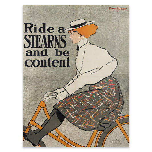 Minimalistisches Vintage-Kunstposter einer Frau auf einem Fahrrad in warmen Erdtönen.