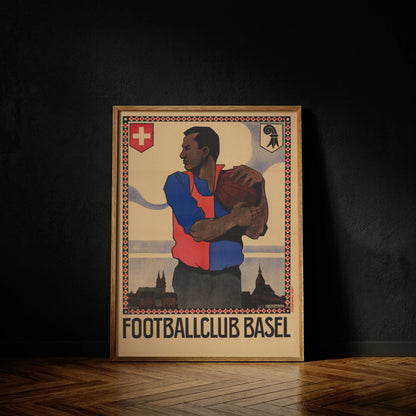 Vintage Fußballplakat des FC Basel von 1910 mit Spieler in rot-blauen Farben.