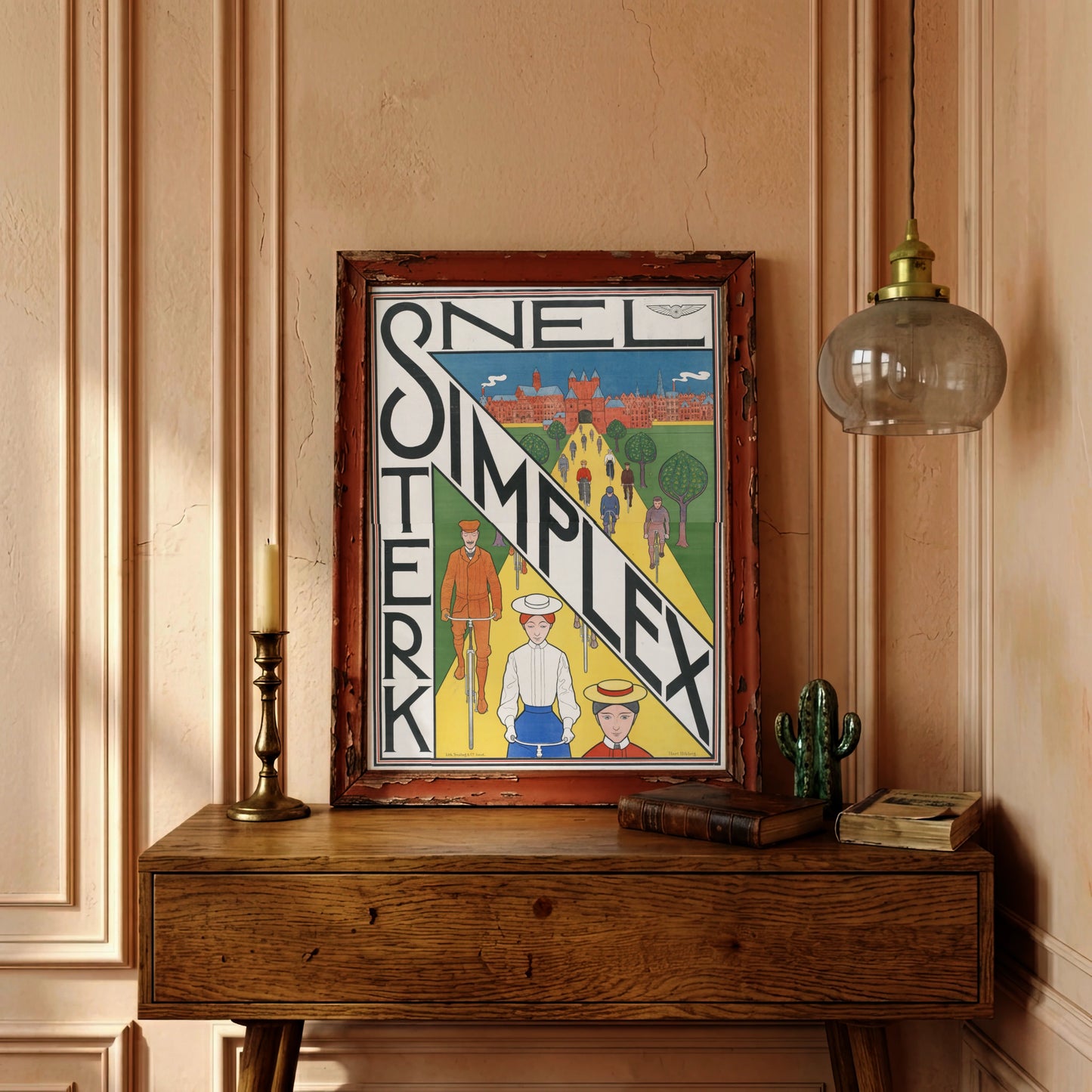 Illustriertes Jugendstil-Fahrradposter mit großer diagonaler Typografie Simplex.