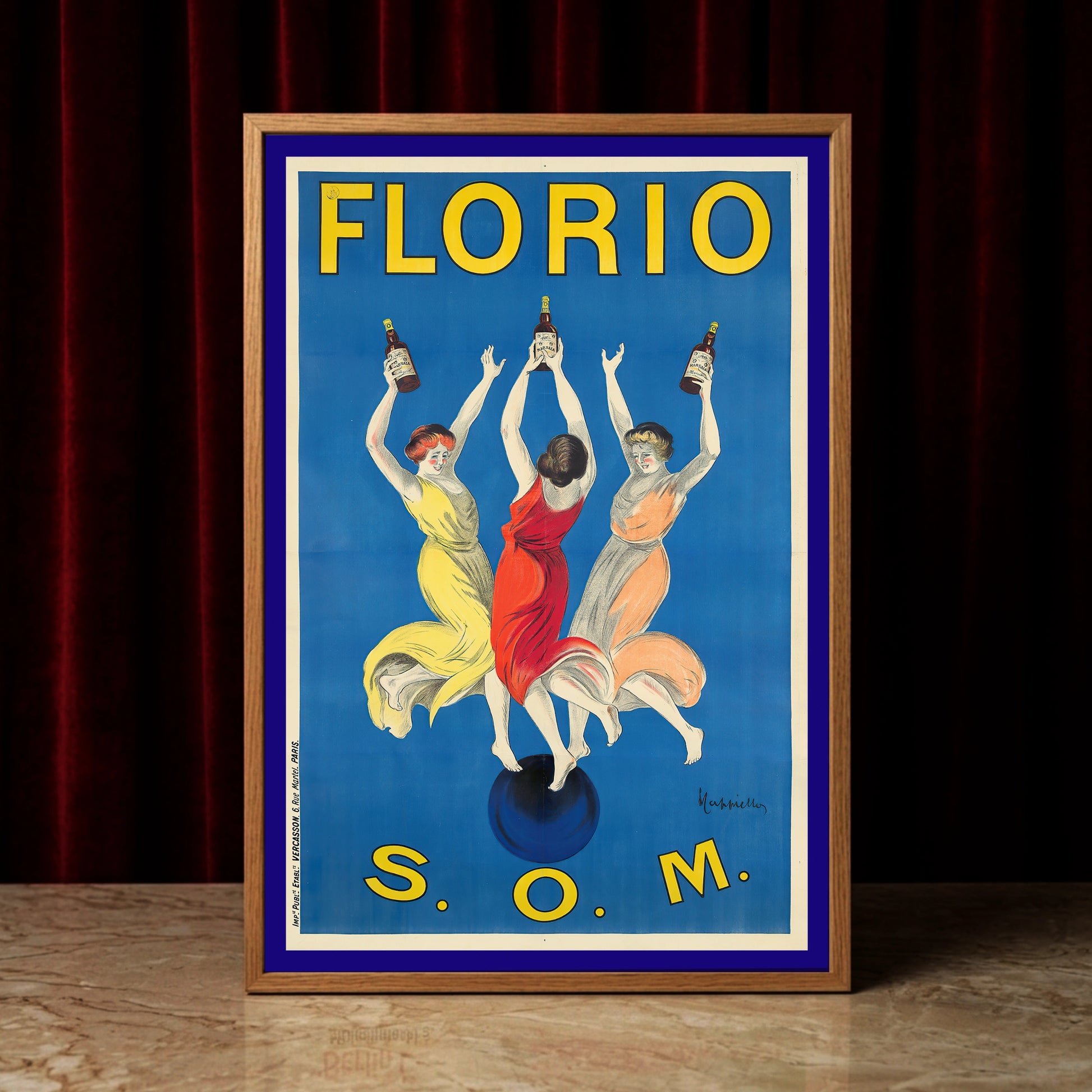 Vintage Werbeplakat von Leonetto Cappiello für Florio Marsala aus dem Jahr 1911 mit drei tanzenden Frauen auf einer Kugel.