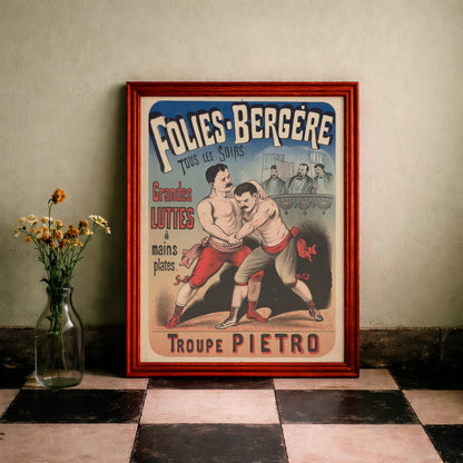 Vintage Plakat von 1883 zeigt zwei Ringer der Troupe Pietro im Folies-Bergère.