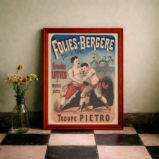Vintage Plakat von 1883 zeigt zwei Ringer der Troupe Pietro im Folies-Bergère.