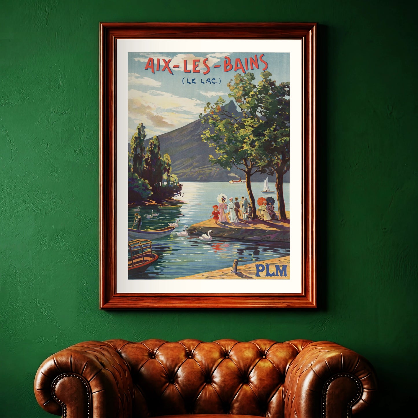 Detaillierte Illustration von Bergmassiven und Segelbooten auf dem Lac du Bourget.