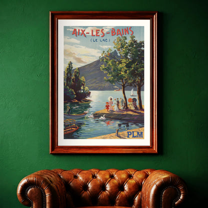 Detaillierte Illustration von Bergmassiven und Segelbooten auf dem Lac du Bourget.