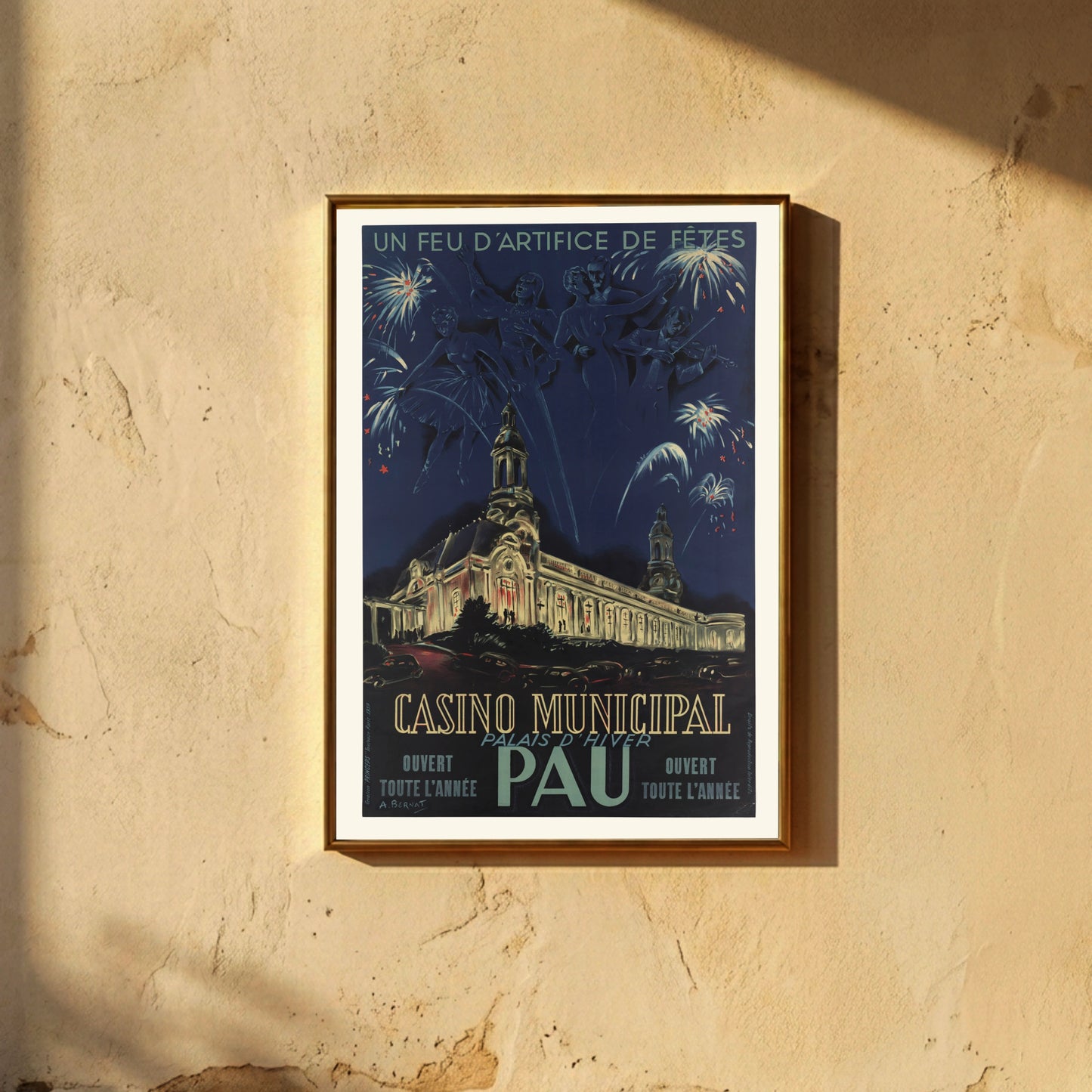 Art Déco inspiriertes Reiseplakat für die Stadt Pau in Südfrankreich mit festlichen Motiven.
