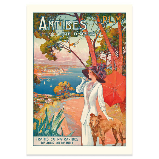 Art Nouveau Grafik von David Dellepiane zeigt eine Frau mit Hund an der französischen Riviera.
