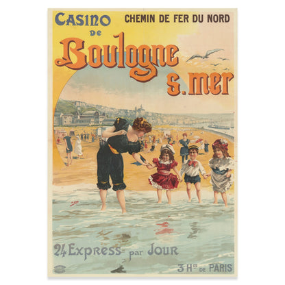 Künstlerisches Plakat von Henri Gray mit dem Titel Boulogne sur mer und orangefarbenem Schriftzug.
