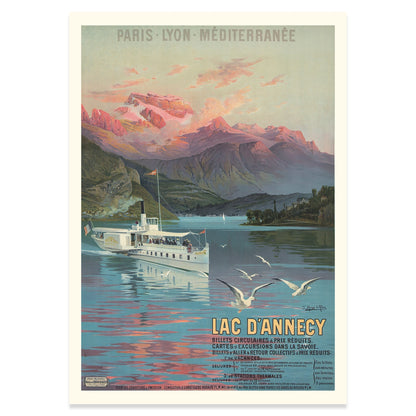 Detaillierte Berglandschaft der Savoyer Alpen im Sonnenuntergang auf einem antiken französischen Plakat.
