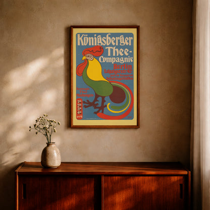 Historisches Werbeplakat von Franz Christophe mit einem stilisierten Hahn auf blauem Grund.