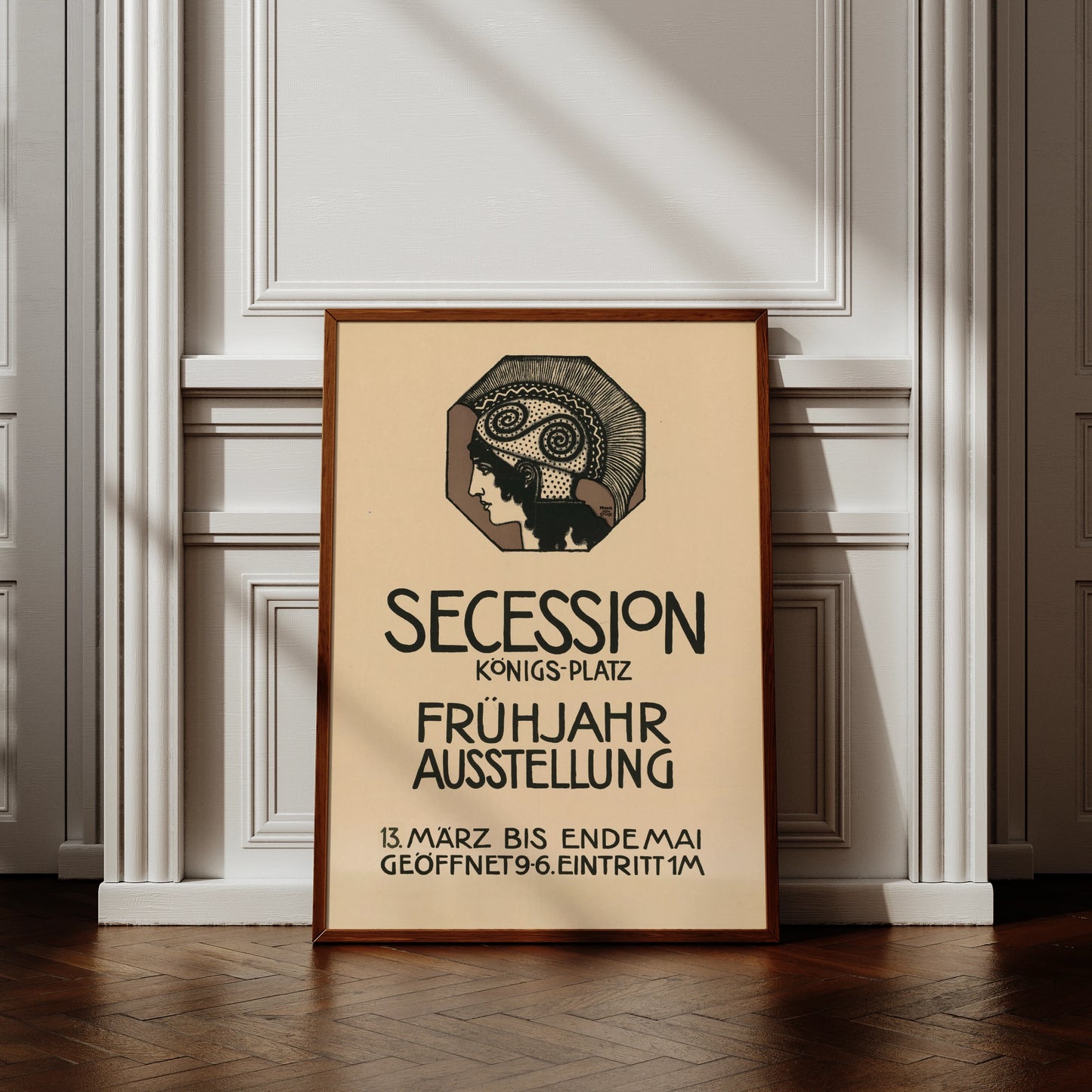 Vintage-Ausstellungsplakat der Münchner Secession von Franz von Stuck aus dem Jahr 1907 mit dem Profil der Pallas Athene.