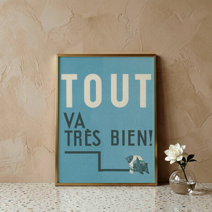 Grafisches Retro-Poster der Laboratoires Cantin mit blauem Hintergrund und minimalistischer Vogel-Illustration.