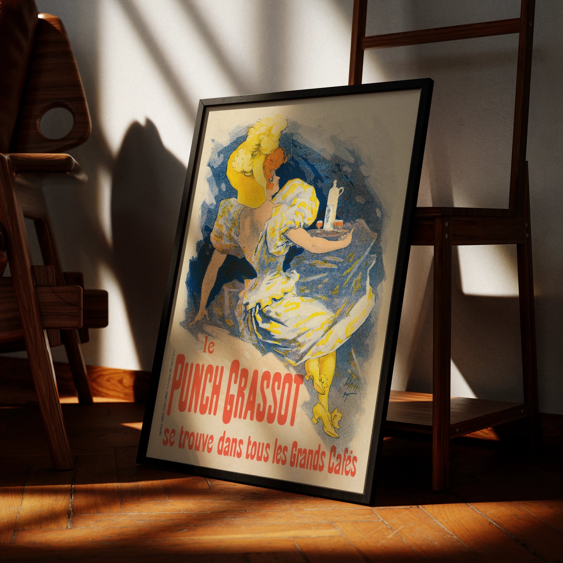 Jules Chéret Kunstdruck Le Punch Grassot mit blauen und gelben Farbakzenten.