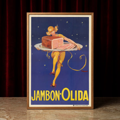 Art déco Illustration einer Frau in Gelb serviert Olida Schinken auf Silbertablett.