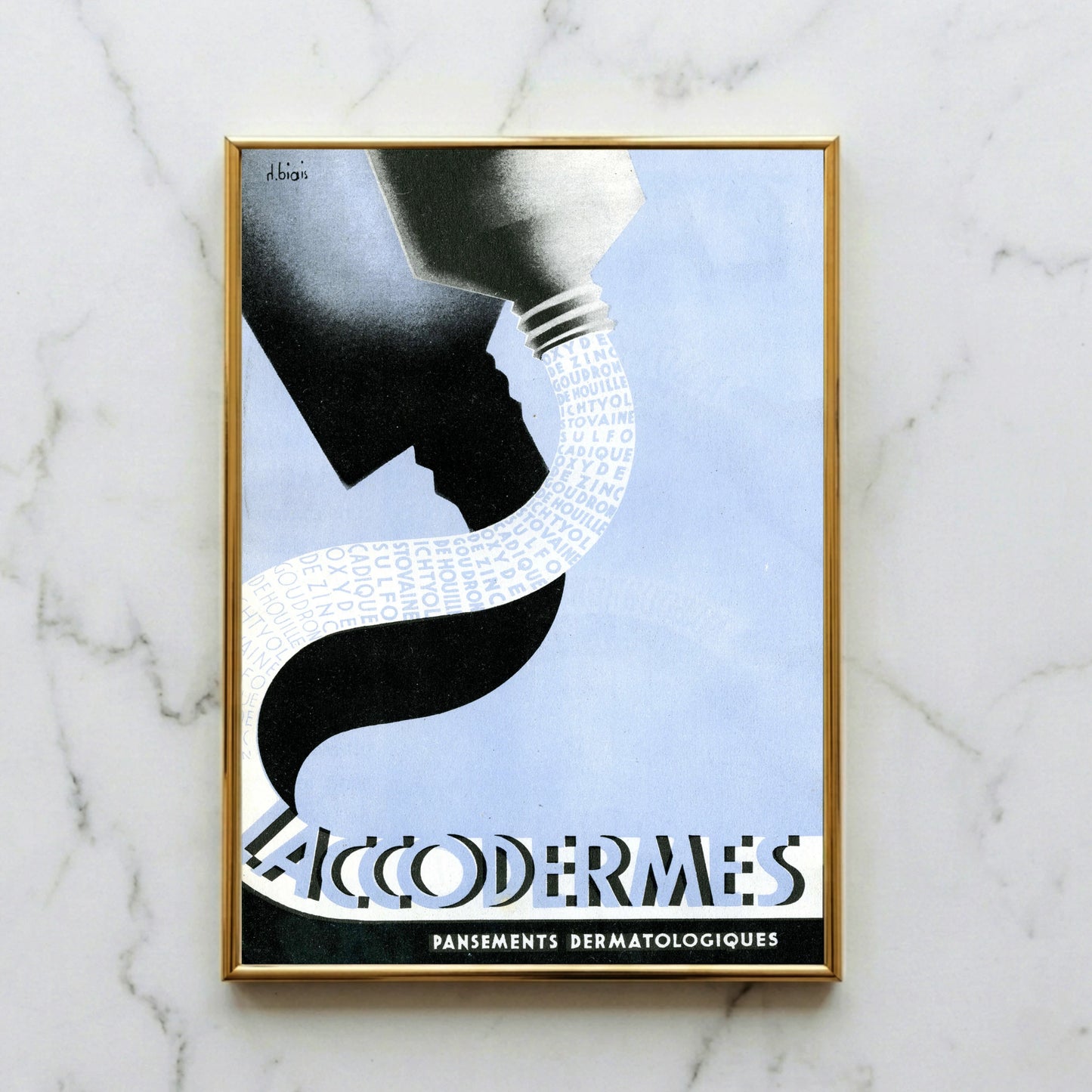 Medizinisches Werbeplakat im Art Déco Stil mit blauem Hintergrund und schwarzer Silhouette.