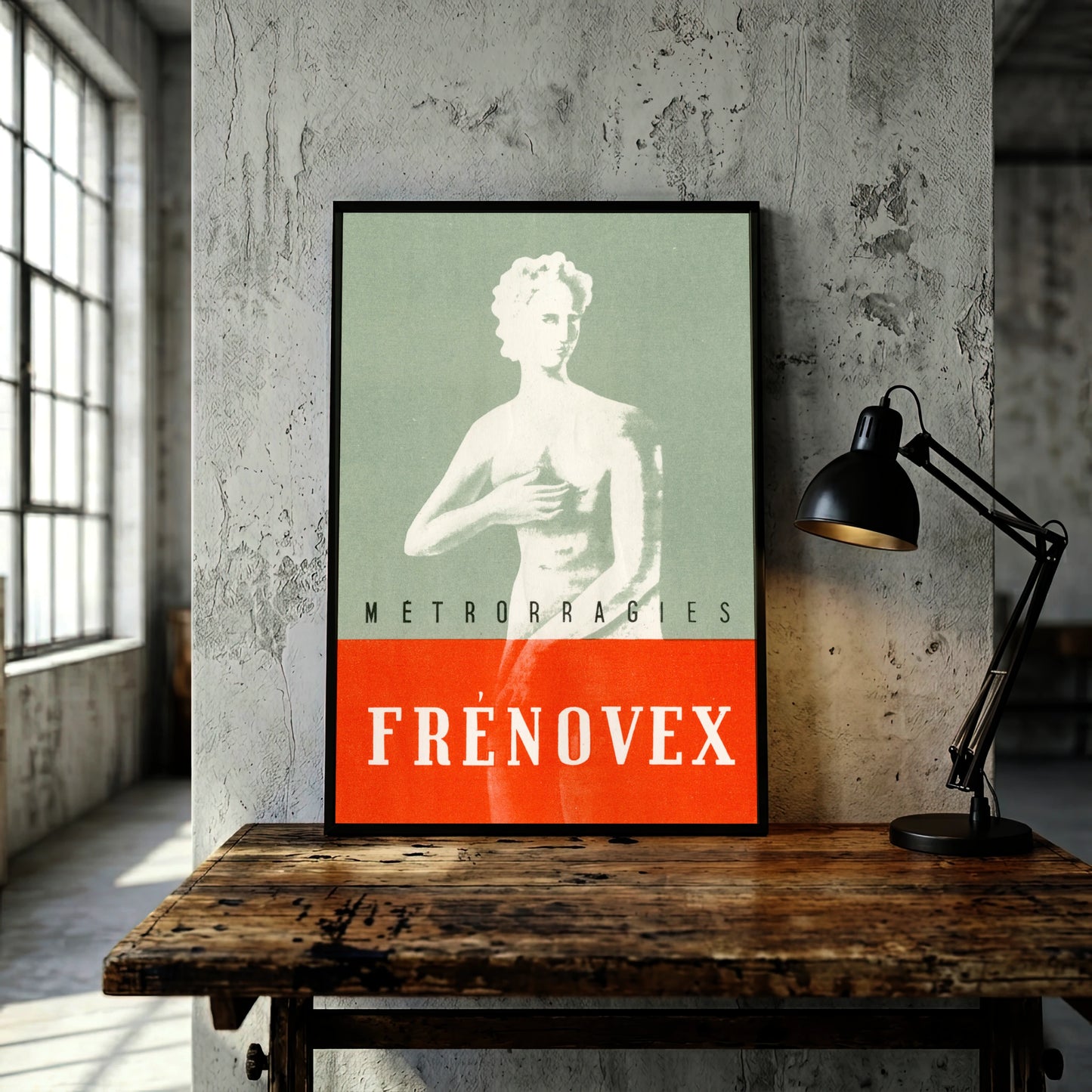 Grafisches Design der Laboratoires Crinex-Uvé mit klassischer Skulptur und moderner Typografie.