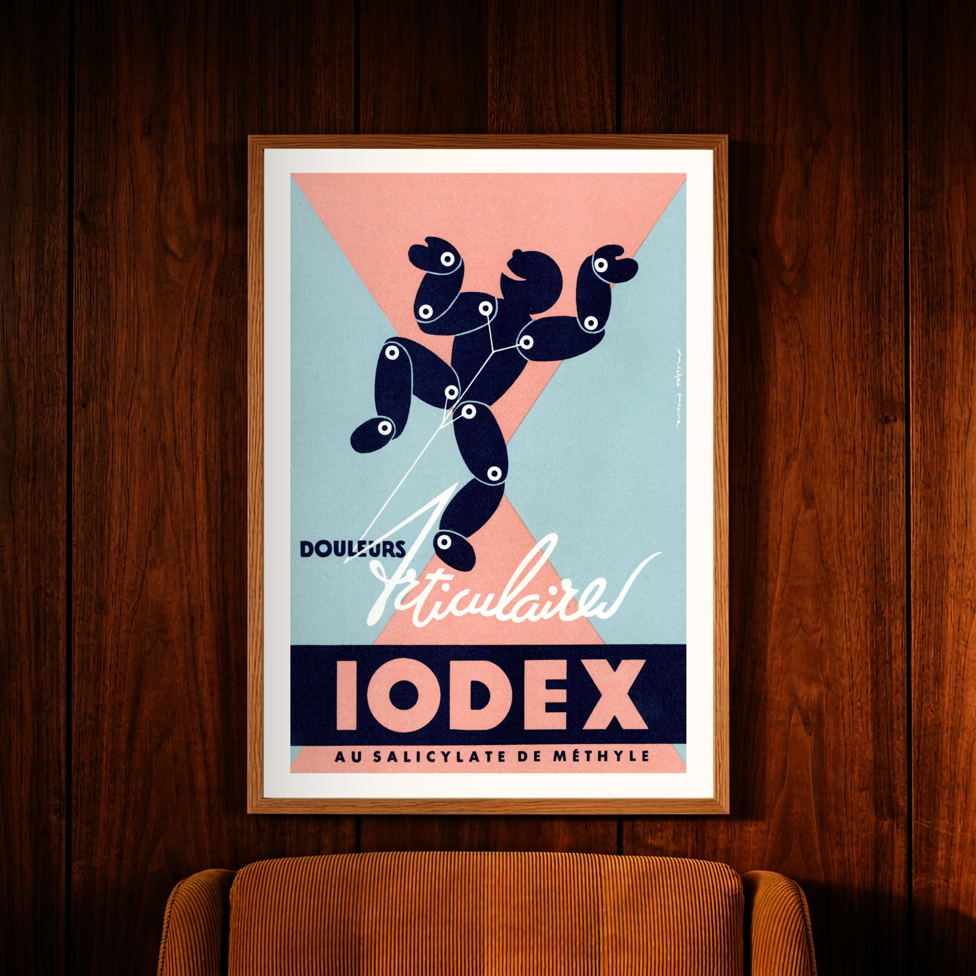 Französisches Grafikdesign für Laboratoires Rissa Iodex mit dem Schriftzug Douleurs Articulaires.
