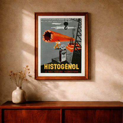 Französische Reklame für Histogénol mit Industriekran und Fabrikszene.