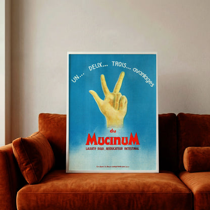 Detailaufnahme der historischen Typografie und Illustration auf dem Mucinum Werbeplakat.