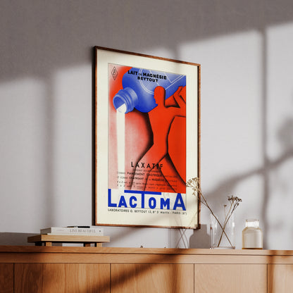 Vorderansicht eines französischen Vintage-Plakats für Lactoma mit markanter Typografie.