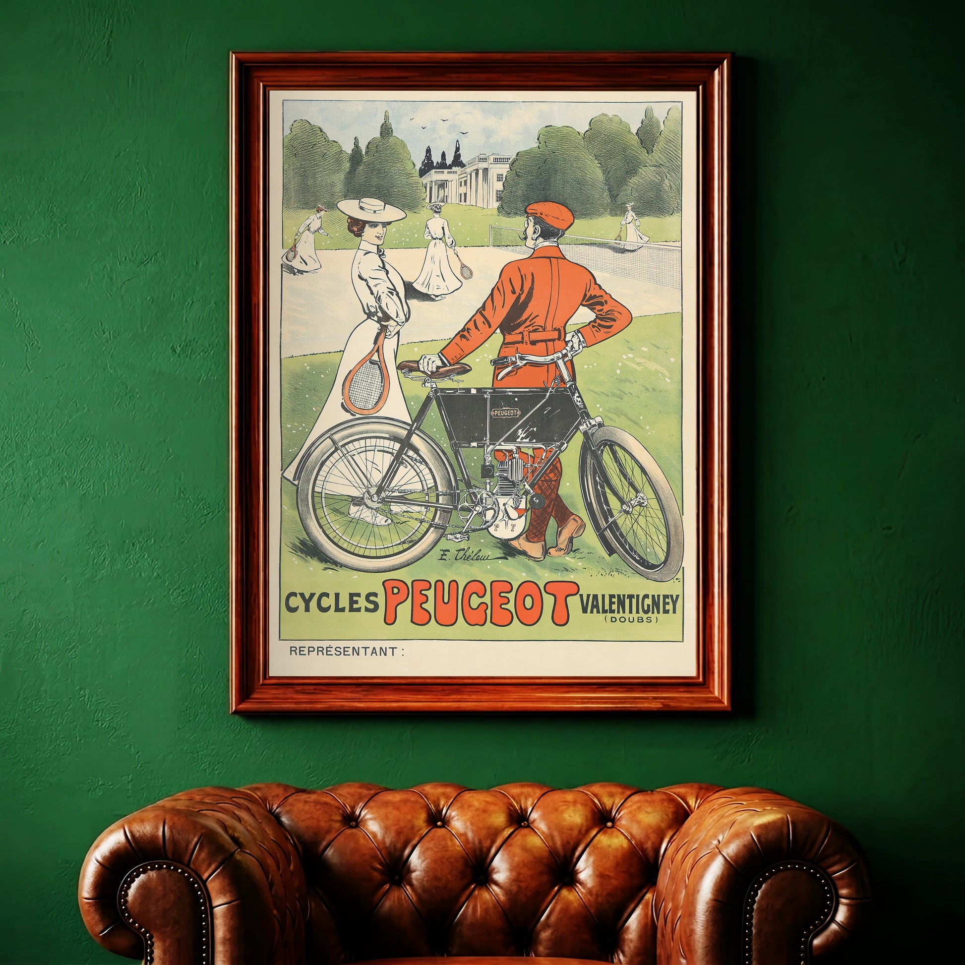 Detailansicht eines frühen Peugeot Cycles Motors auf einem Vintage-Poster von 1905.