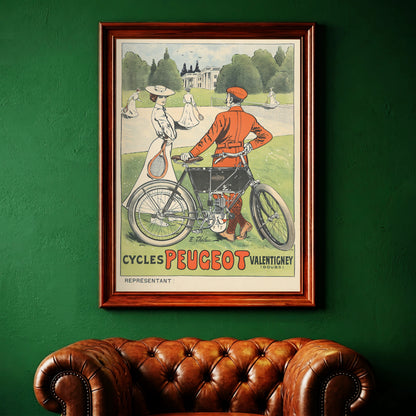 Detailansicht eines frühen Peugeot Cycles Motors auf einem Vintage-Poster von 1905.