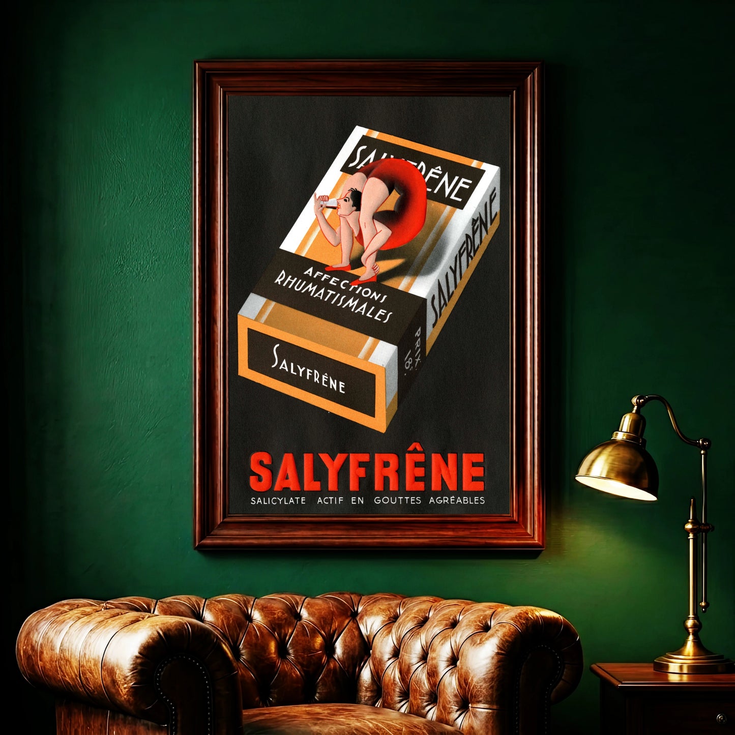 Französisches Werbeplakat für Salyfrêne gegen Rheumatismus mit roter Kontorsionistin.