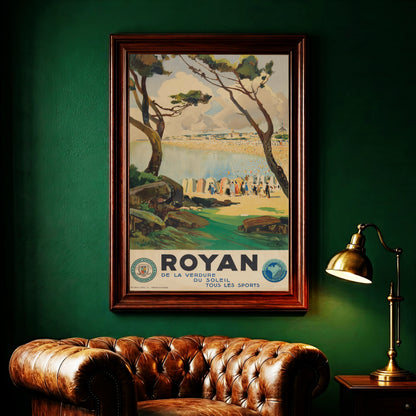 Illustration eines belebten französischen Badestrandes in Royan mit historischen Badezelten.