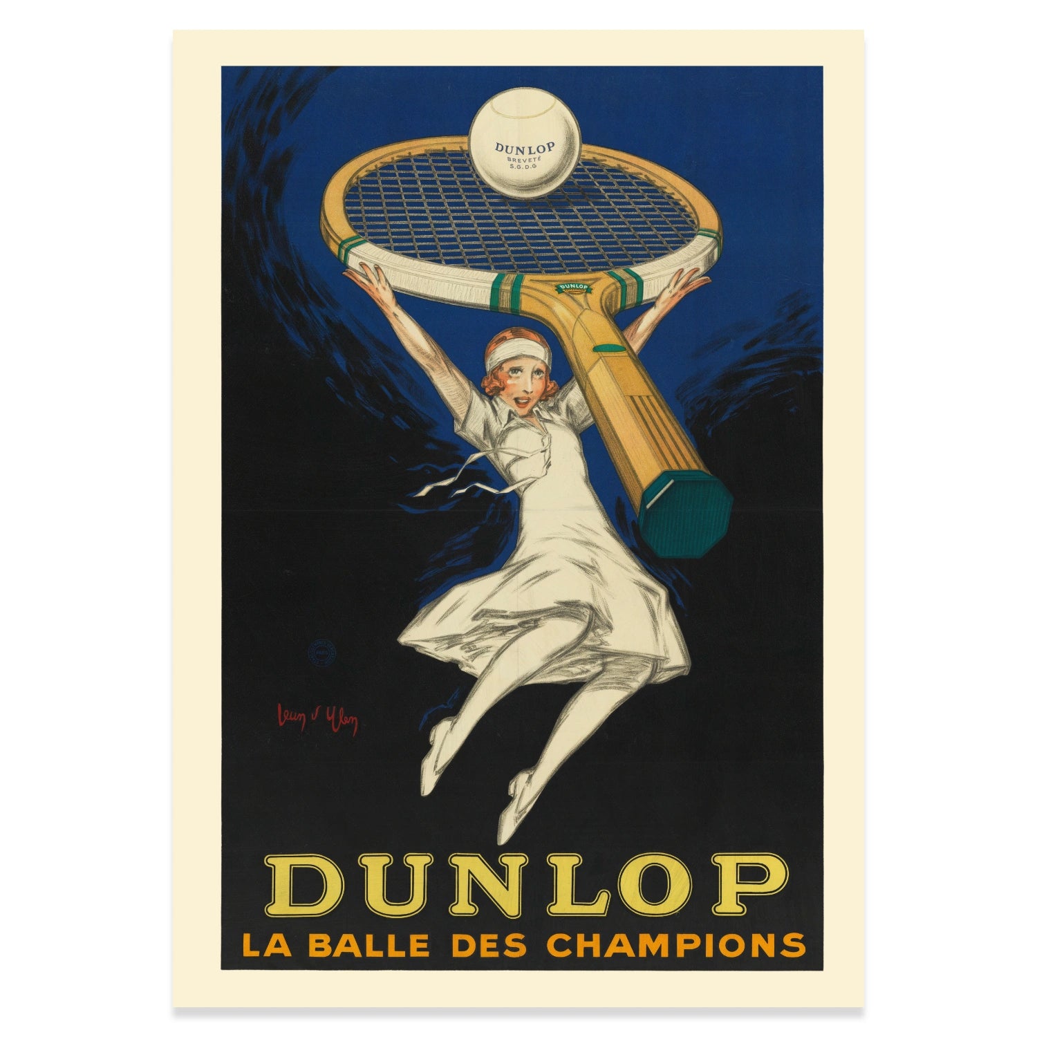 Historisches Sportplakat für Dunlop Tennisbälle auf dunklem Hintergrund.
