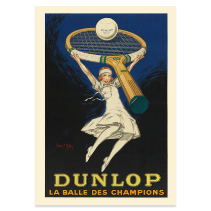 Historisches Sportplakat für Dunlop Tennisbälle auf dunklem Hintergrund.