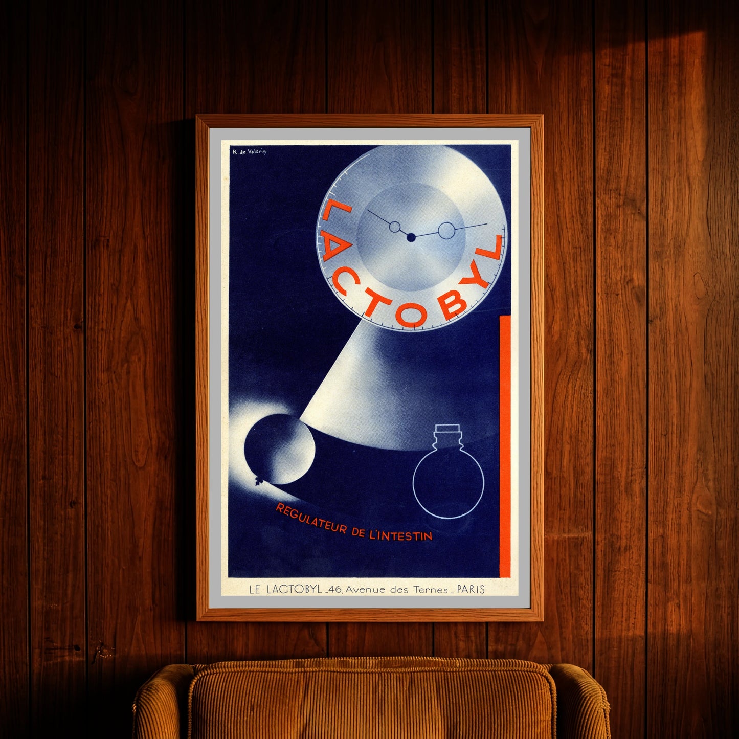 Art Déco Grafikdesign Poster für Lactobyl in Blau und Orange.