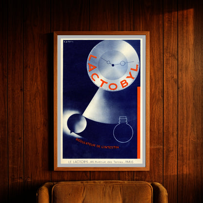 Art Déco Grafikdesign Poster für Lactobyl in Blau und Orange.