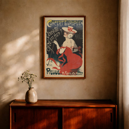 Illustration einer lachenden Frau der Pariser Gesellschaft um 1900 auf einem historischen Theaterplakat.