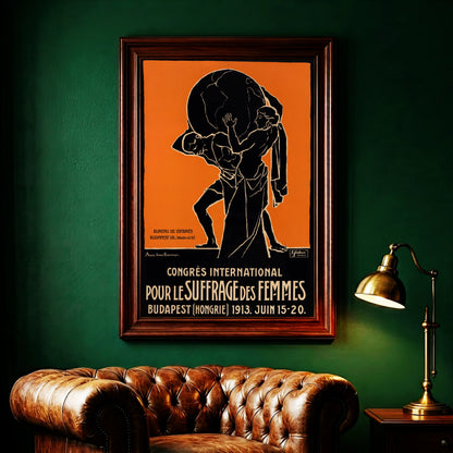 Vintage Grafik-Plakat von 1913 in Orange und Schwarz zeigt einen Mann und eine Frau, die gemeinsam die Weltkugel tragen.