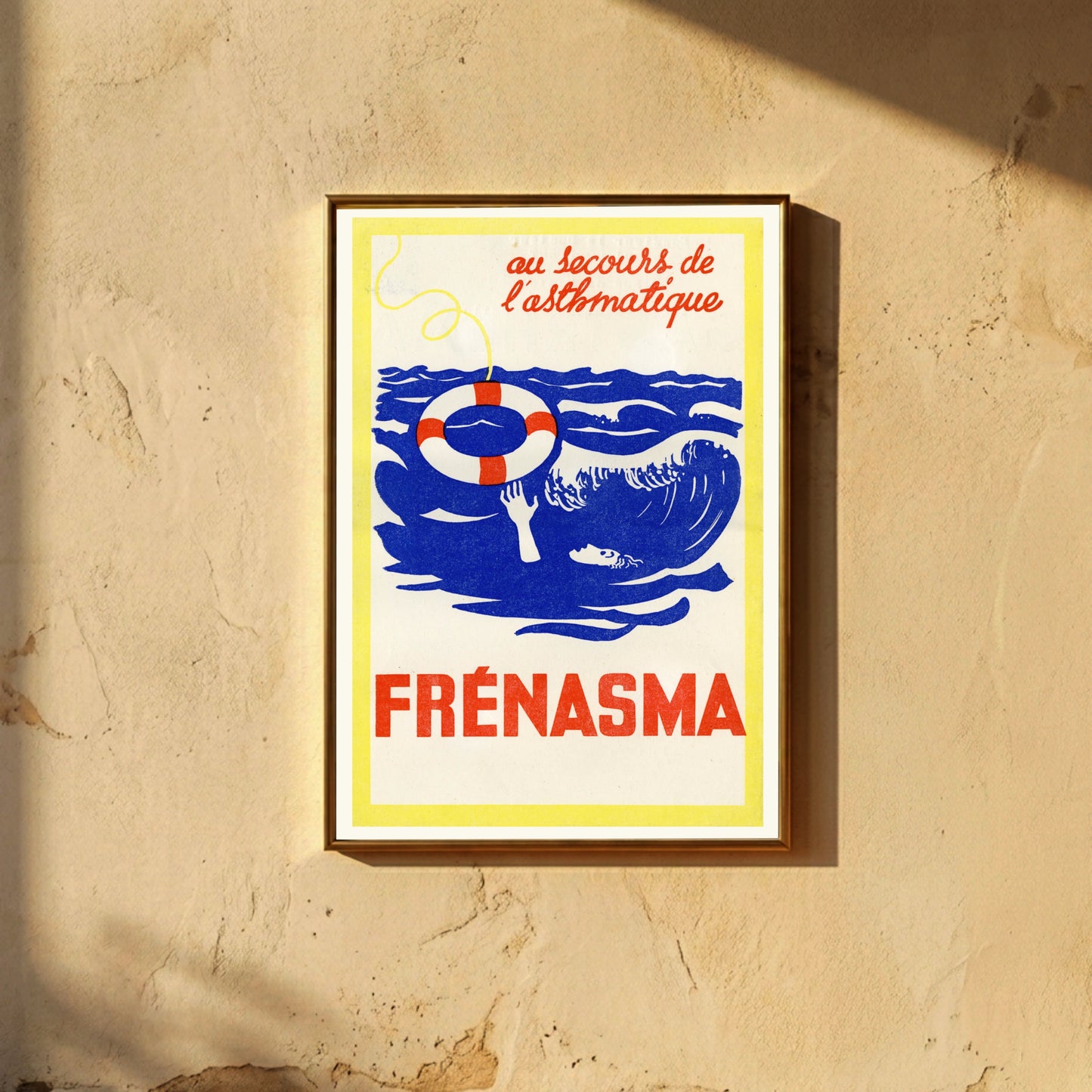 Vintage-Werbeplakat Frénasma mit einem Rettungsring im blauen Meer und einer winkenden Hand.