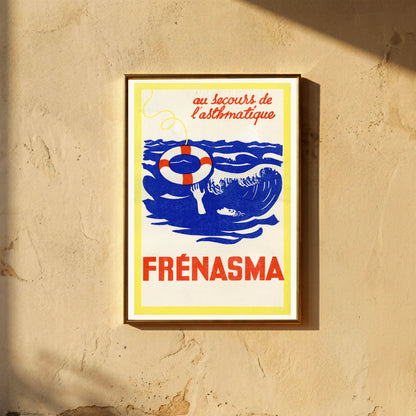 Vintage-Werbeplakat Frénasma mit einem Rettungsring im blauen Meer und einer winkenden Hand.